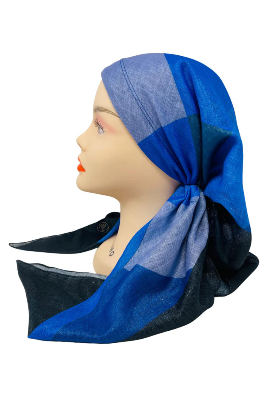 It's Younique OB-PAT-BL Blue Tones Patches Shimmer Pre-Tied Open Back Bandanna with Velvet Grip Myselflingerie.com