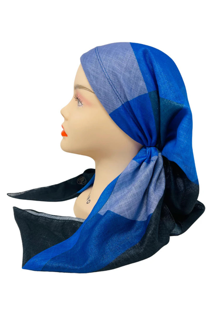 It's Younique OB-PAT-BL Blue Tones Patches Shimmer Pre-Tied Open Back Bandanna with Velvet Grip Myselflingerie.com