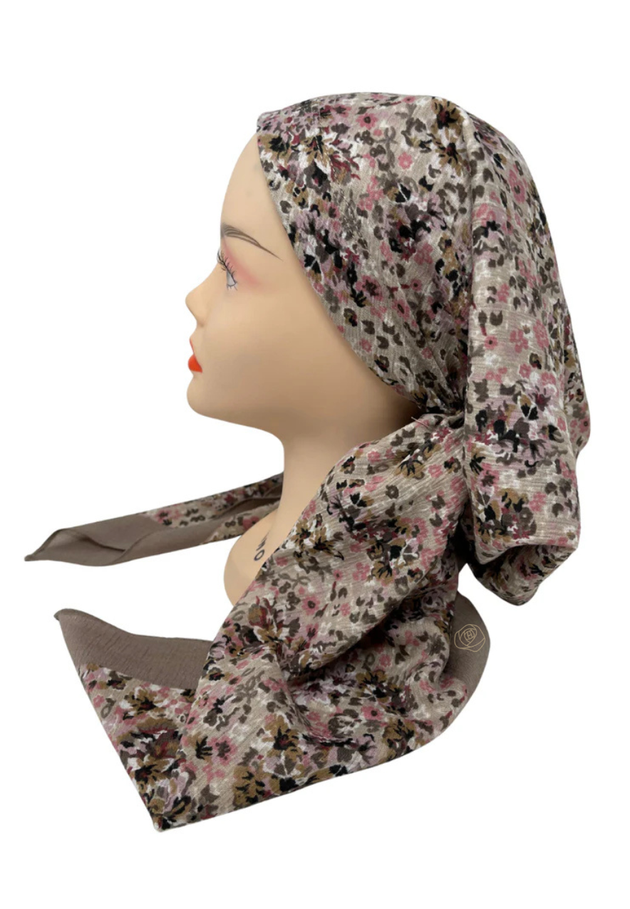 It's Younique PP-FL-TAN Tan Mini Flowers Pre-Tied Bandanna with Velvet Grip Myselflingerie.com