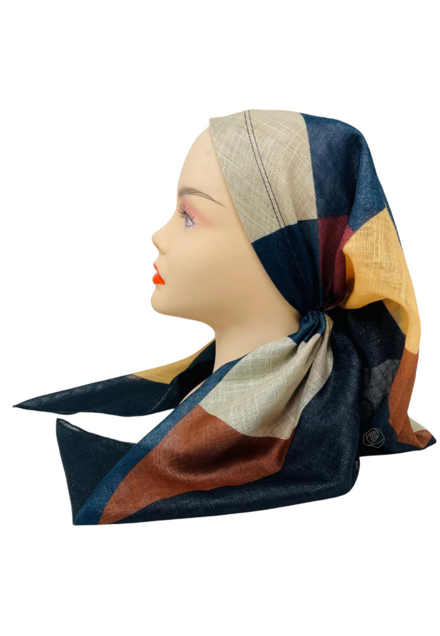 It's Younique OB-PATCH-NY Yellow/Navy Patchwork Shimmer Pre-Tied Open Back Bandanna with Velvet Grip Myselflingerie.com