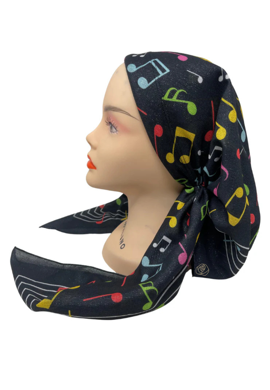 It's Younique OB-BLK-MED Musical Medley Print Black Shimmer Pre-Tied Open Back Bandanna with Velvet Grip Myselflingerie.com