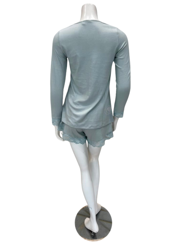 Oh! Zuza Mint Ribbed Lace V Neck Modal Long Sleeve & Shorts Pajamas Set