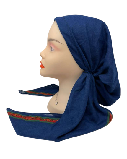 Cherie Navy Buckle Border Adjustable Closed Back Pre-Tied Bandanna