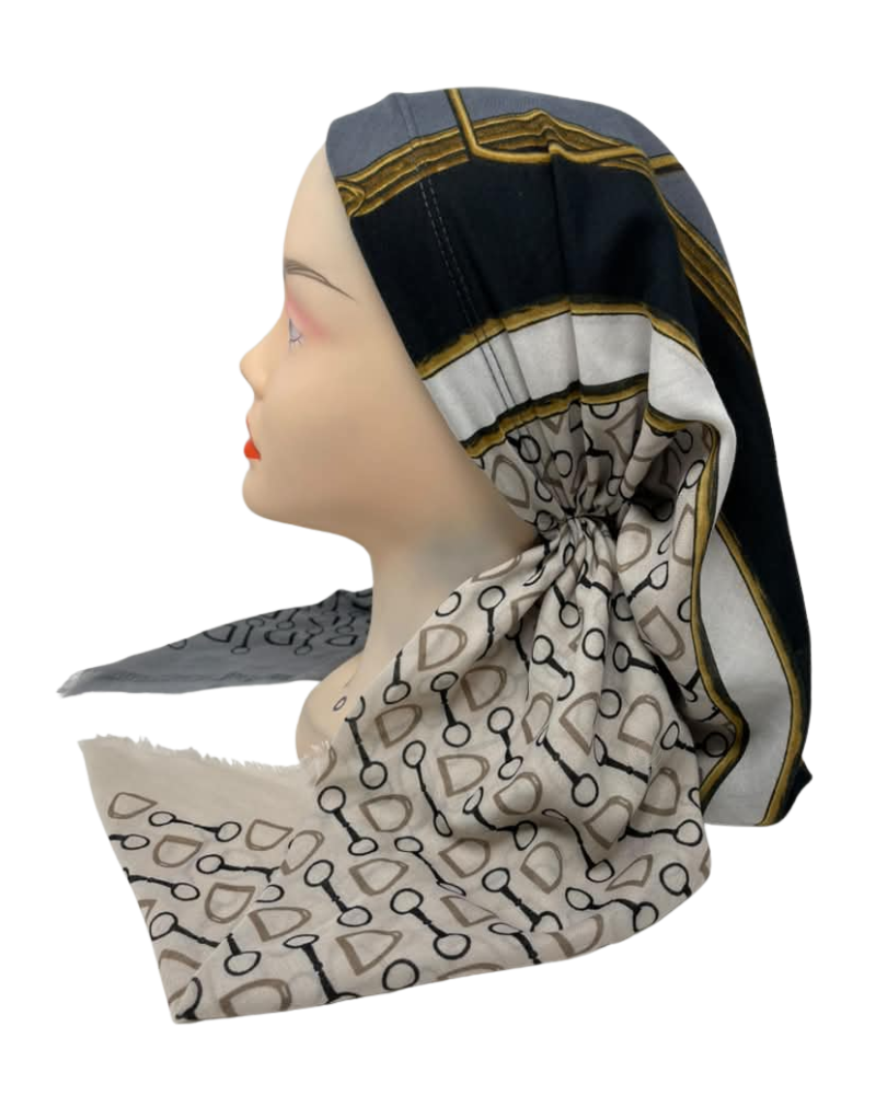 It's Younique Grey/White Designer Inspired Pre-Tied Open Back Bandanna with Velvet Grip