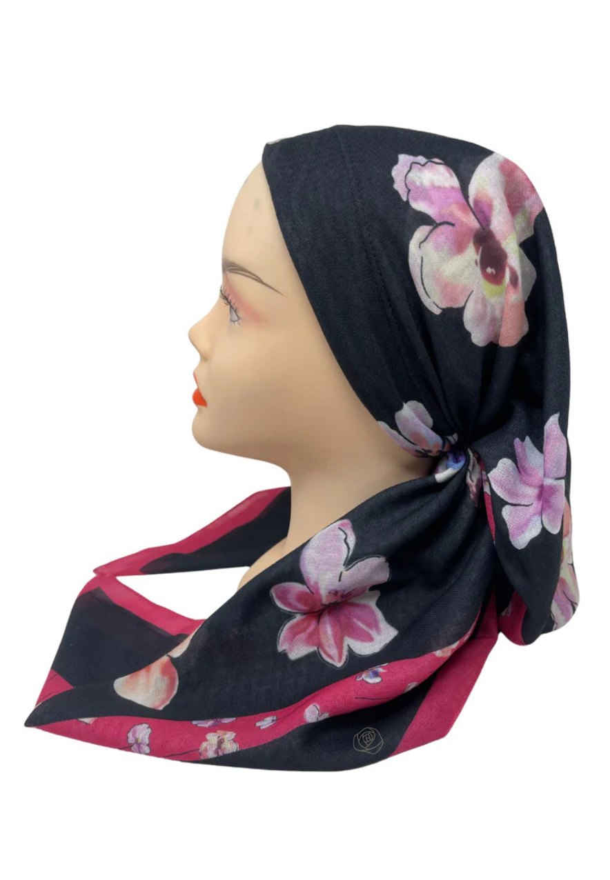 It's Younique OB-FLOW-PI Pink Flower Print on Black Pre-Tied Open Back Bandanna with Velvet Grip Myselflingerie.com