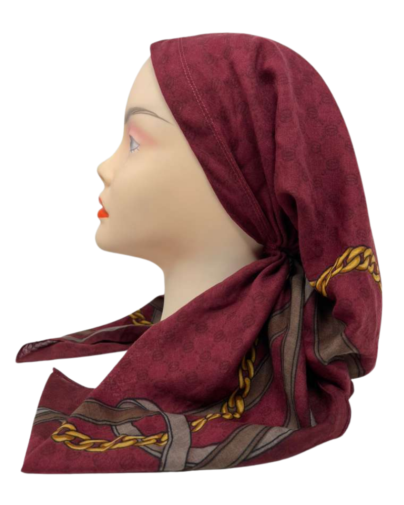 Cherie Burgundy Chain Border Design Adjustable Pre-Tied Open Back Bandanna