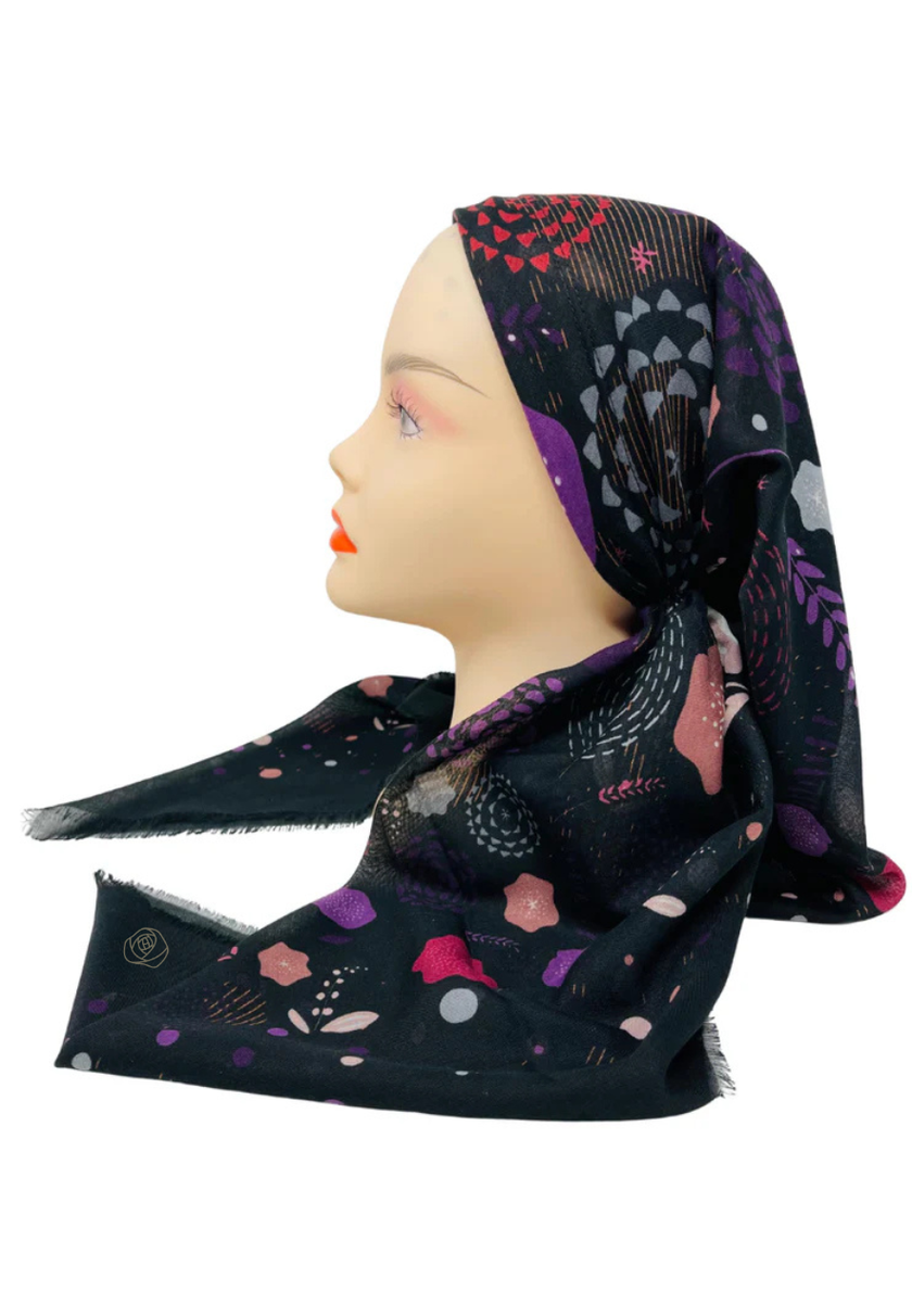 It's Younique OB-ABS-BKPU Black/Purple Abstract Pre-Tied Open Back Bandanna with Velvet Grip Myselflingerie.com