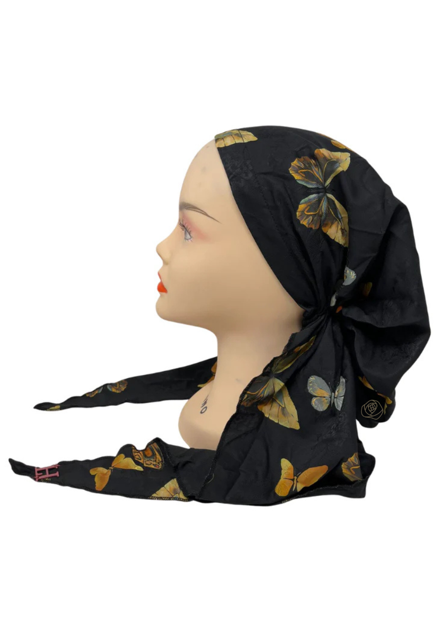 Lizi Headwear DST-C-BX-2518 Golden Wing Butterfly Silk Prints Adjustable Pre-Tied Bandanna with Velvet Grip Myselflingerie.com