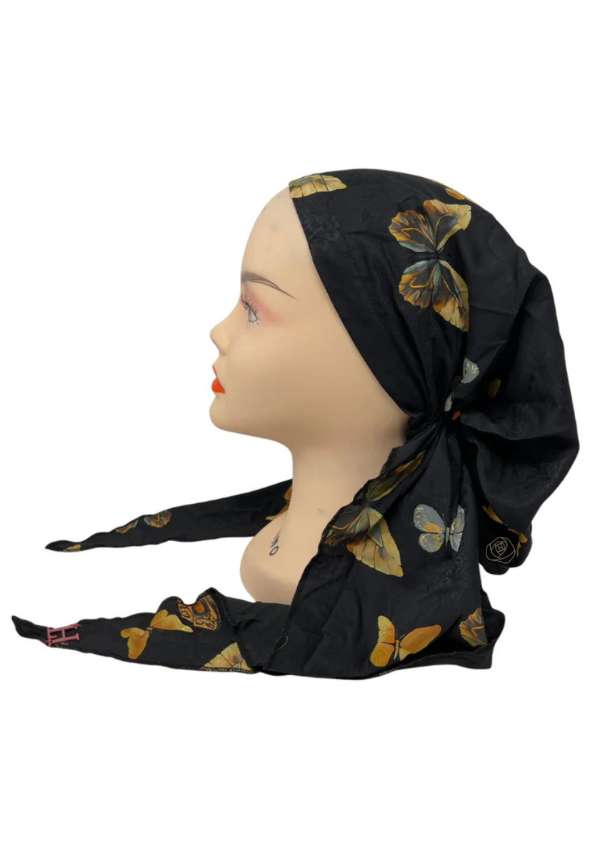 Lizi Headwear DST-C-BX-2518 Golden Wing Butterfly Silk Prints Adjustable Pre-Tied Bandanna with Velvet Grip Myselflingerie.com
