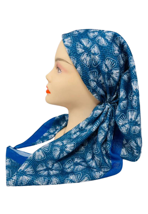 It's Younique OB-WHFL-BL White Stitched Flowers Blue Shimmer Pre-Tied Open Back Bandanna with Velvet Grip Myselflingerie.com