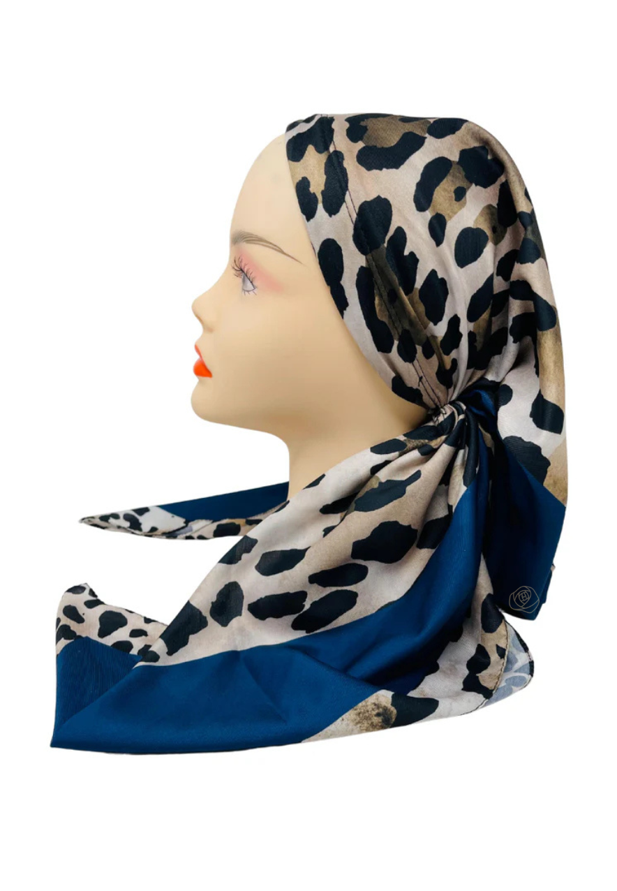 It's Younique OB-LEO-BL Brown Leopard Print Blue Border Pre-Tied Open Back Bandanna with Velvet Grip Myselflingerie.com