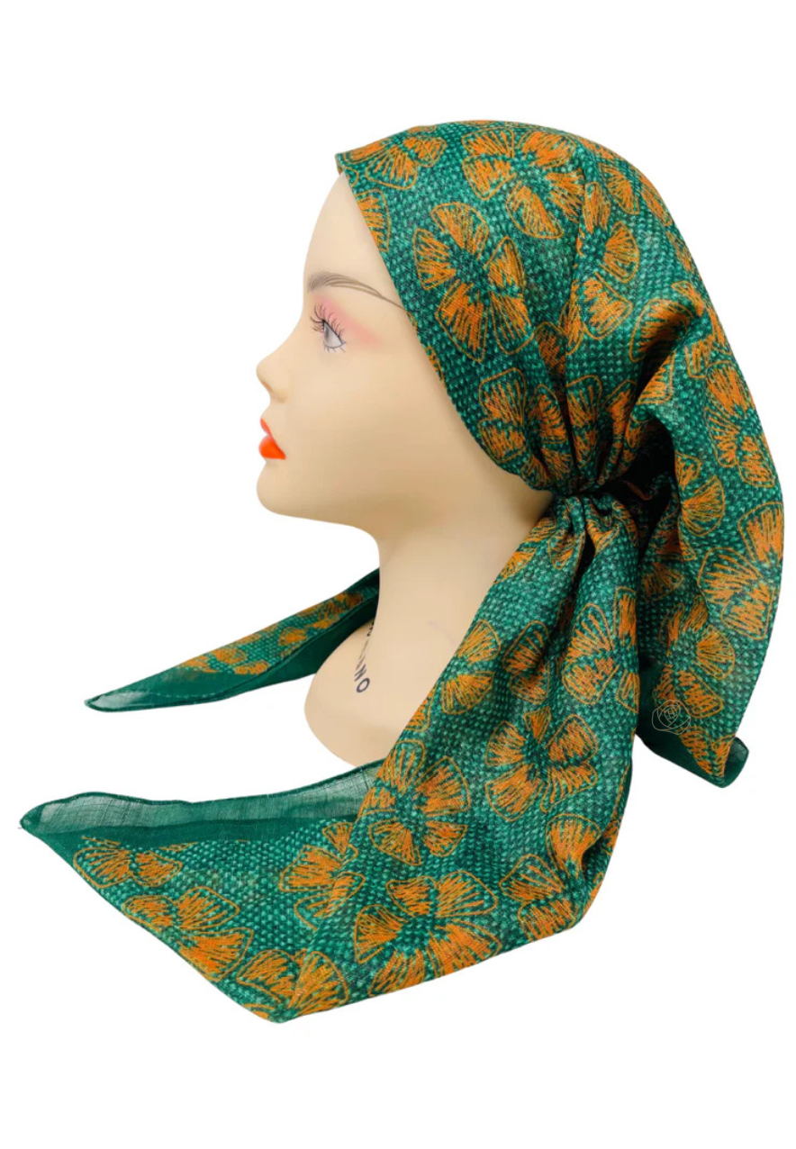 It's Younique OB-WHFL-GN Pumpkin Stitched Flowers Green Shimmer Pre-Tied Open Back Bandanna with Velvet Grip Myselflingerie.com