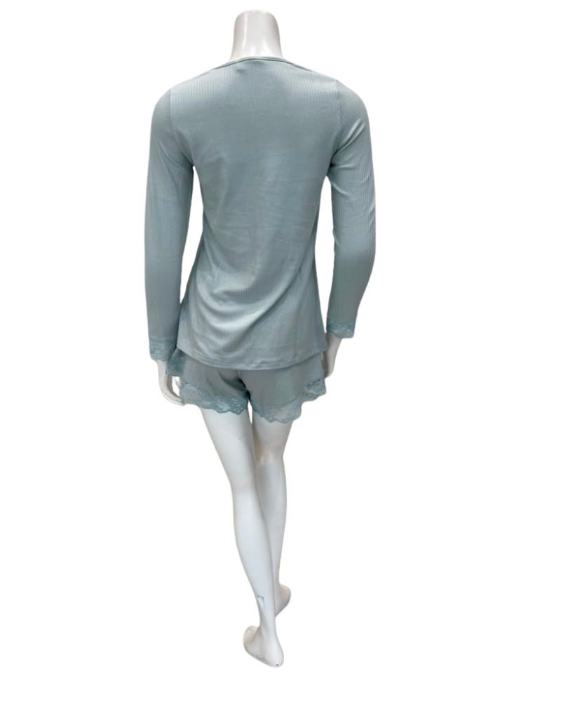 Oh! Zuza Mint Ribbed Lace V Neck Modal Long Sleeve & Shorts Pajamas Set