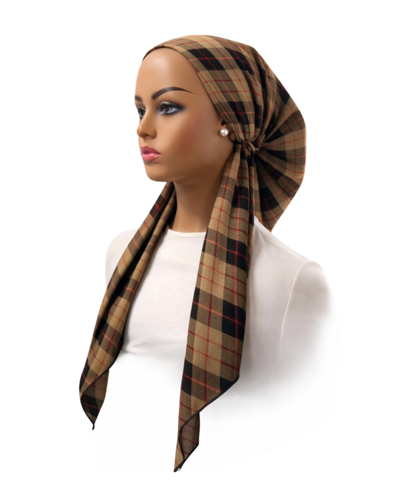 Ahead Black Tan Vintage Plaid Israeli Style Long Tails Pre-Tied Bandanna