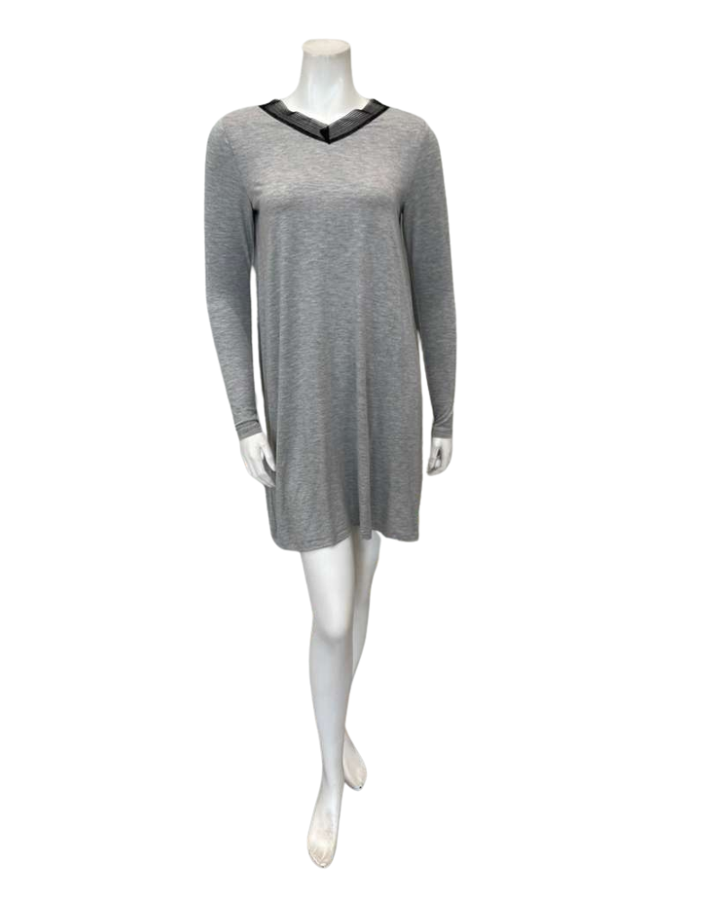 Jackie O'Loungewear Grey V Neck Lace Long Sleeves Modal Nightshirt Myselflingerie.com