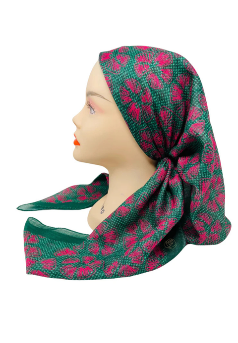 It's Younique OB-WHFL-PK Pink Stitched Flowers Green Shimmer Pre-Tied Open Back Bandanna with Velvet Grip Myselflingerie.com