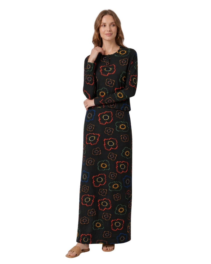 Ellwi Black with Multi Printed Flower Cotton Nursing Nightgown
