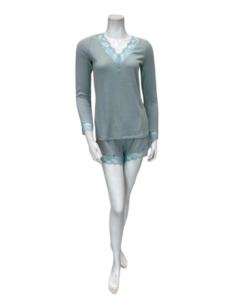 Oh! Zuza Mint Ribbed Lace V Neck Modal Long Sleeve & Shorts Pajamas Set