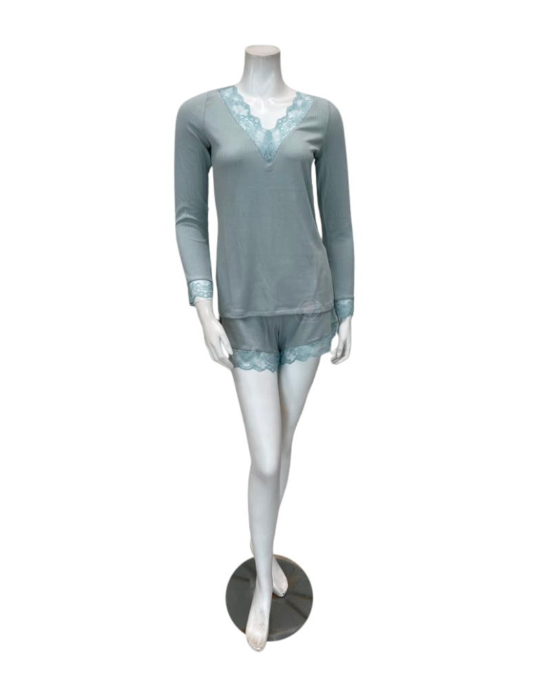 Oh! Zuza Mint Ribbed Lace V Neck Modal Long Sleeve & Shorts Pajamas Set