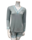 Oh! Zuza Mint Ribbed Lace V Neck Modal Long Sleeve & Shorts Pajamas Set