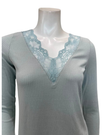 Oh! Zuza Mint Ribbed Lace V Neck Modal Long Sleeve & Shorts Pajamas Set