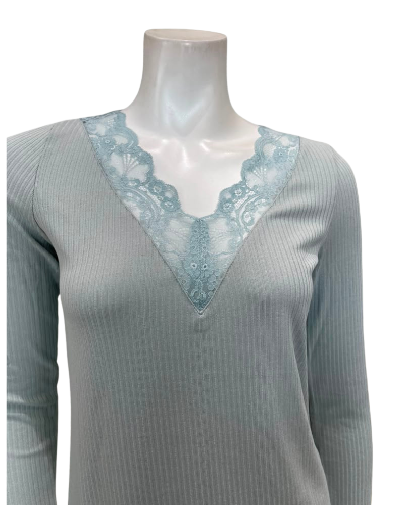 Oh! Zuza Mint Ribbed Lace V Neck Modal Long Sleeve & Shorts Pajamas Set