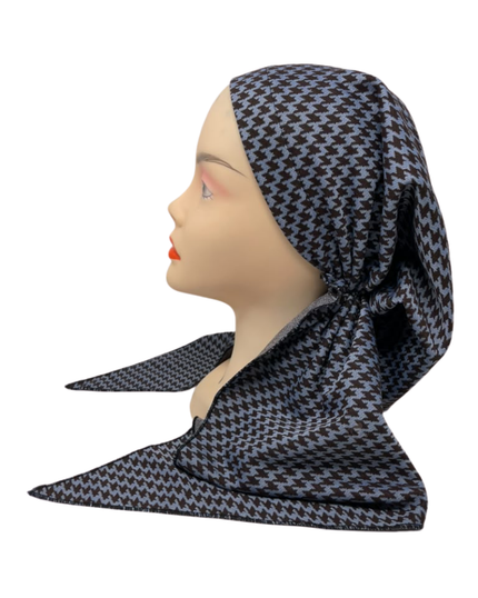 Triple Up Blue/Brown Houndstooth Print Unlined Pre-Tied Bandanna