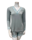 Oh! Zuza Mint Ribbed Lace V Neck Modal Long Sleeve & Shorts Pajamas Set