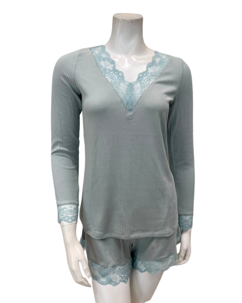 Oh! Zuza Mint Ribbed Lace V Neck Modal Long Sleeve & Shorts Pajamas Set