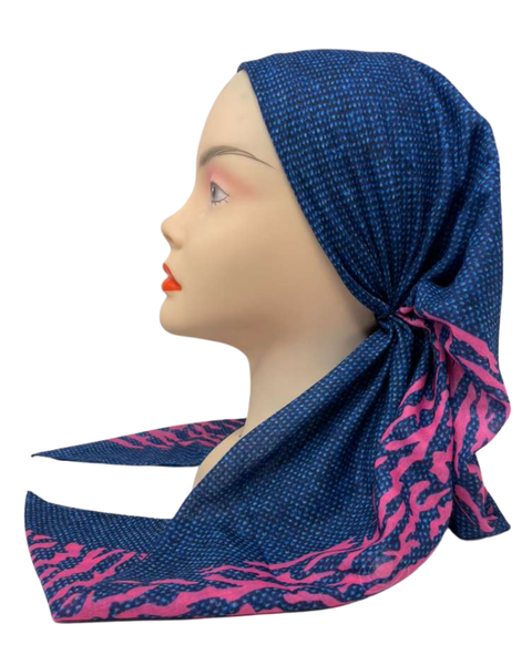 It's Younique Blue Denim Pink Zebra Border Pre-Tied Open Back Bandanna with Velvet Grip