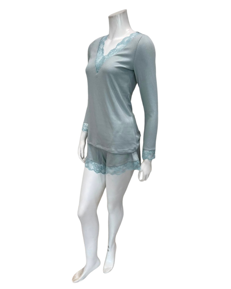 Oh! Zuza Mint Ribbed Lace V Neck Modal Long Sleeve & Shorts Pajamas Set