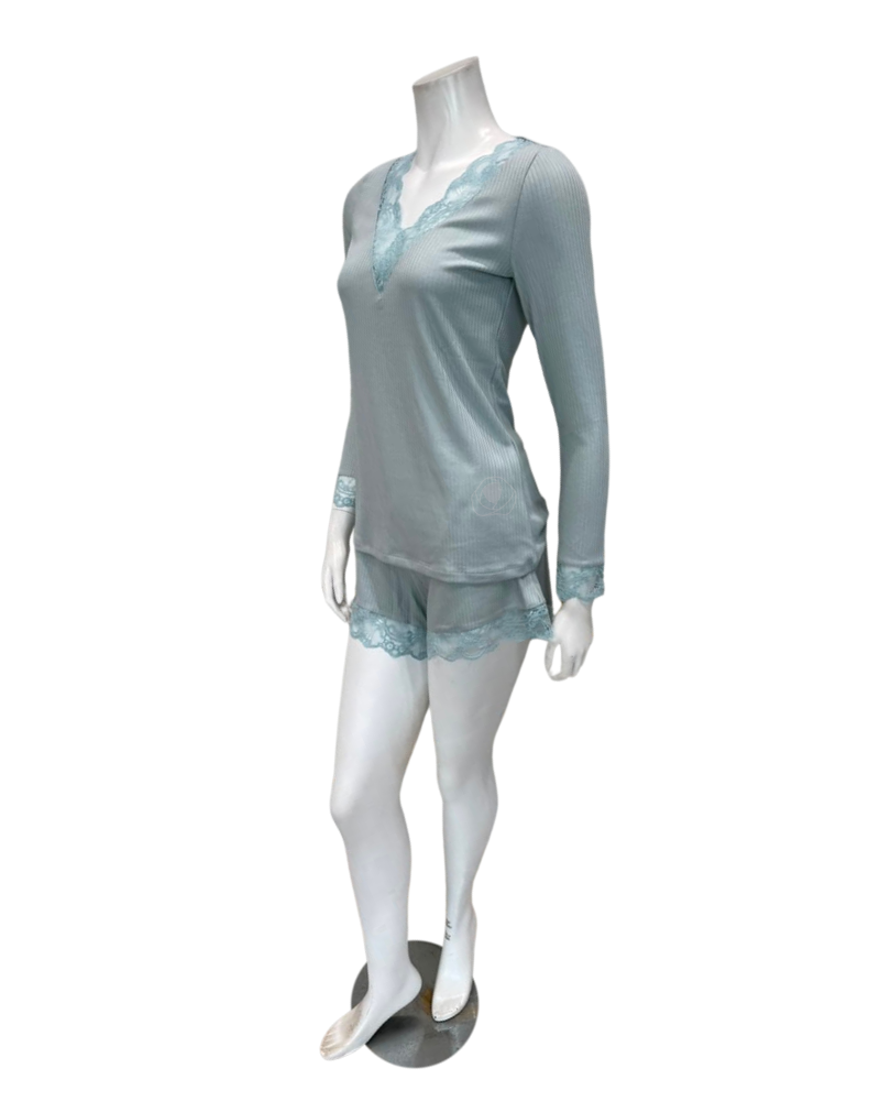 Oh! Zuza Mint Ribbed Lace V Neck Modal Long Sleeve & Shorts Pajamas Set