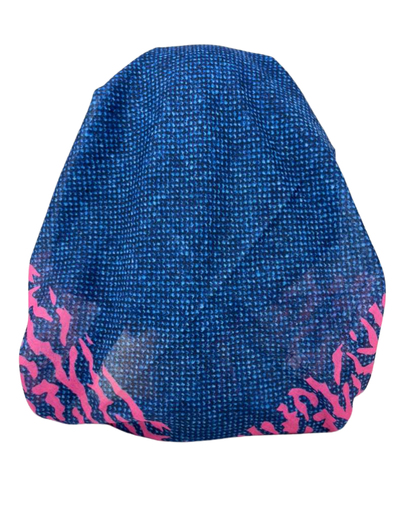 It's Younique Blue Denim Pink Zebra Border Pre-Tied Open Back Bandanna with Velvet Grip