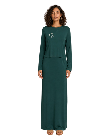 Ellwi Hunter Green Raw Edge Embroidered Cotton Nursing Nightgown