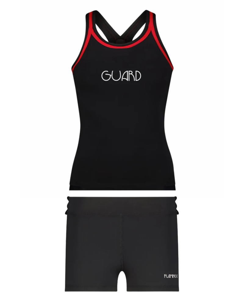 Flamingo Black/Red Trim Guard 2 Piece Teen's Bathing Suit Tank with Shorts at Myselflingerie.com
