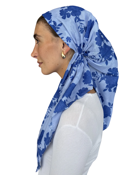 Scarf Bar Azure Bloom Open Back Adjustable Pre-Tied Bandanna with Velvet Grip Myselflingerie.com