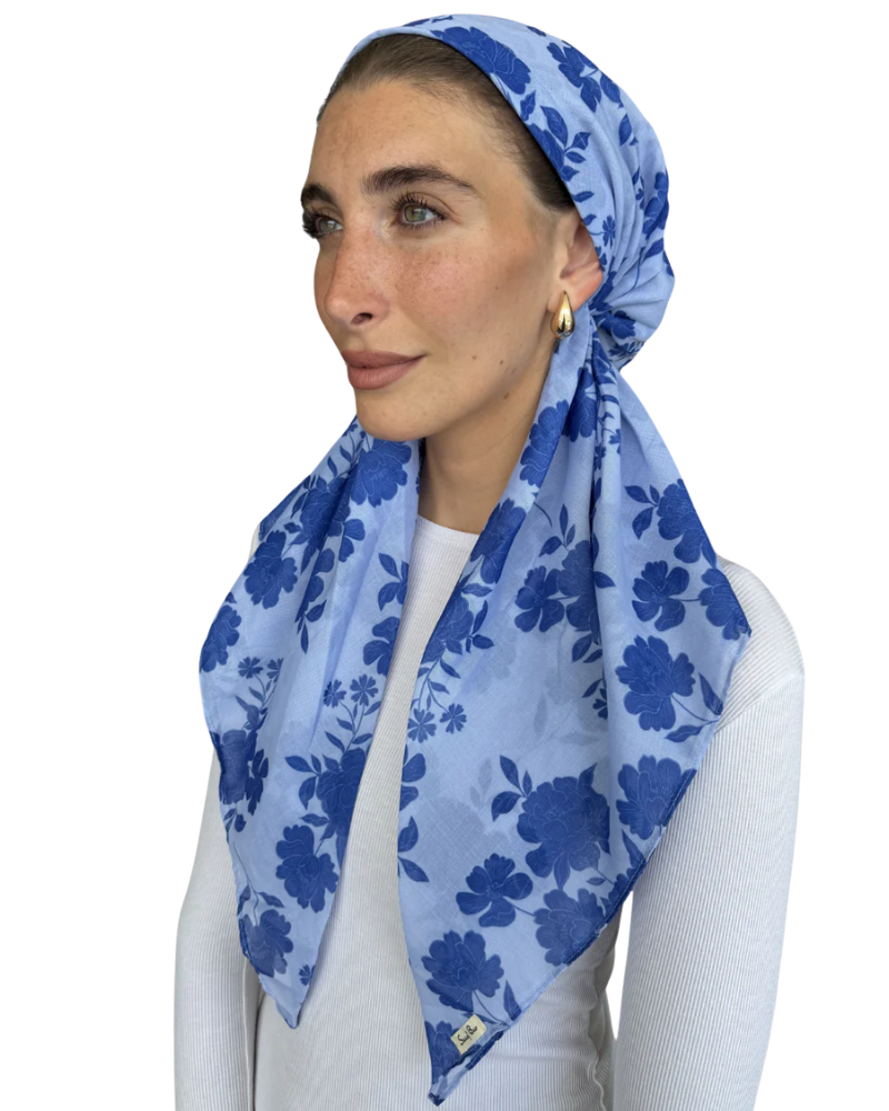 Scarf Bar Azure Bloom Classic Pre-Tied Bandanna with Velvet Grip Myselflingerie.com