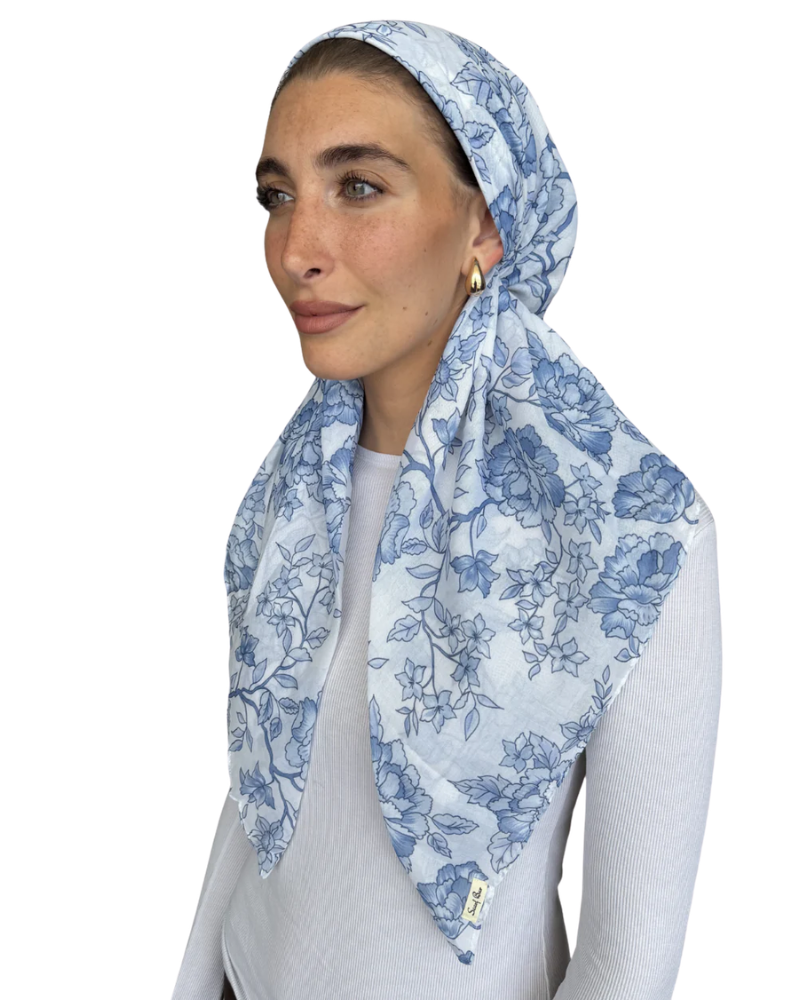 Scarf Bar Blue Estate Garden Classic Pre-Tied Bandanna with Velvet Grip Myselflingerie.com
