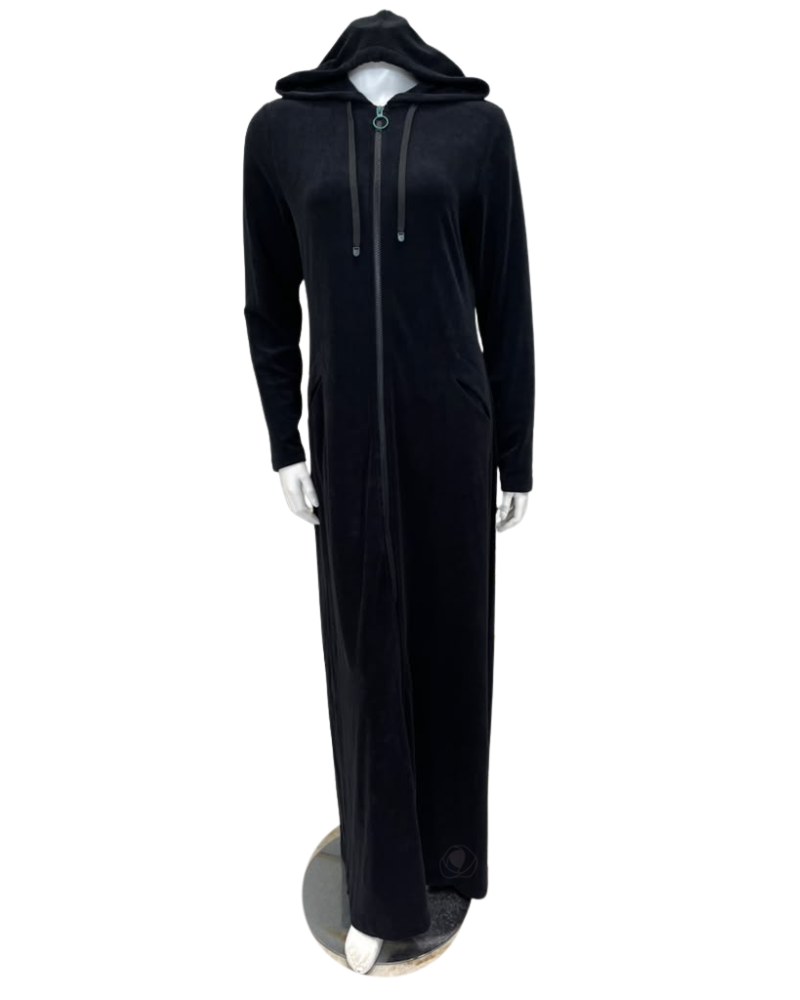 Seashells Solid Black Zippered Terry Robe with Hood and Pockets  Myselflingerie.com