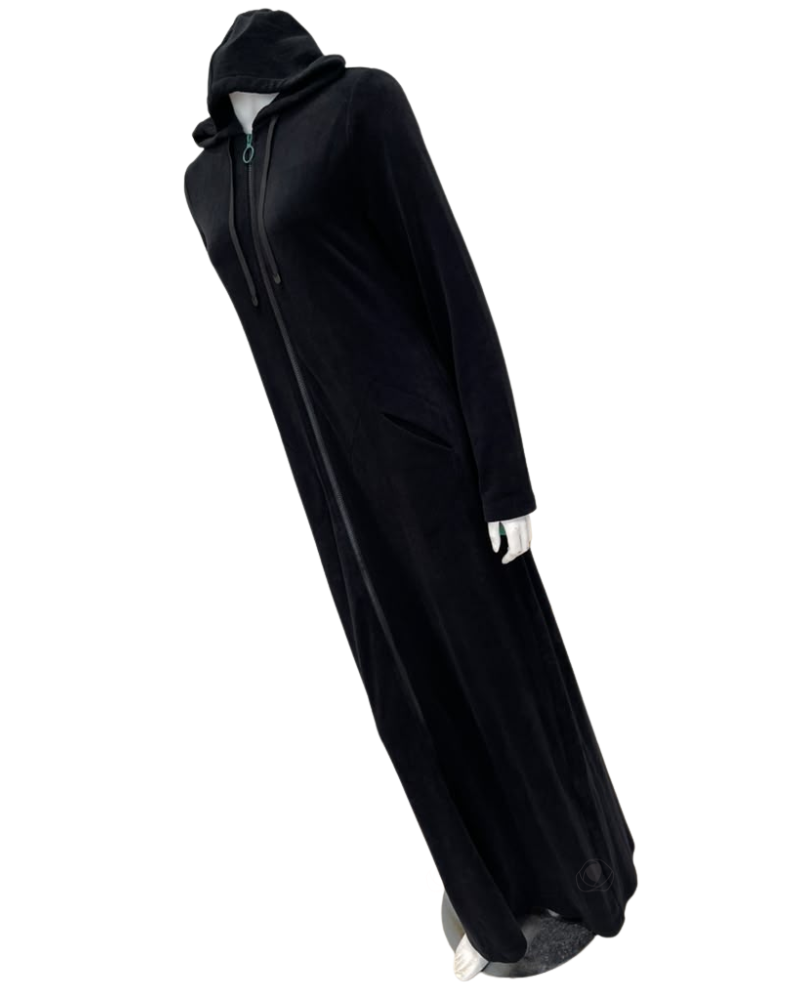 Seashells Solid Black Zippered Terry Robe with Hood and Pockets