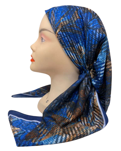 OB-LEA-BLBR Blue/Brown Leaves Pre-Tied Open Back Bandanna with Velvet Grip
