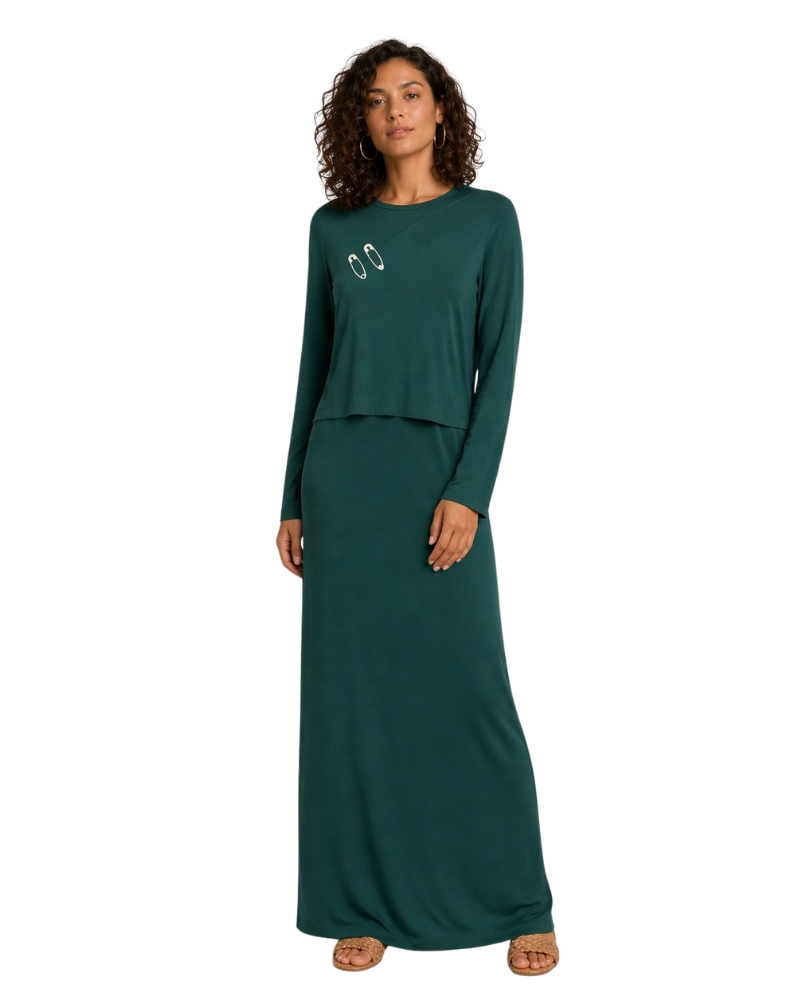 Ellwi Hunter Green Raw Edge Embroidered Cotton Nursing Nightgown