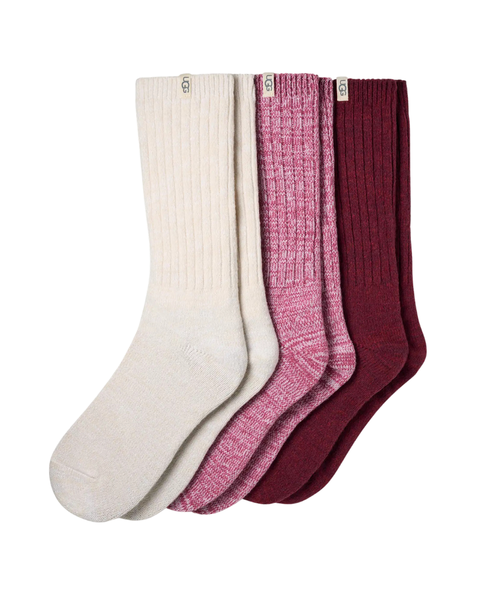 UGG Strawberry/ Cream / Coffee Berry Rib Knit Slouchy Crew Socks 3 Pk Set