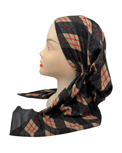 Ahead Black Tan Vintage Plaid Israeli Style Long Tails Pre-Tied Bandanna