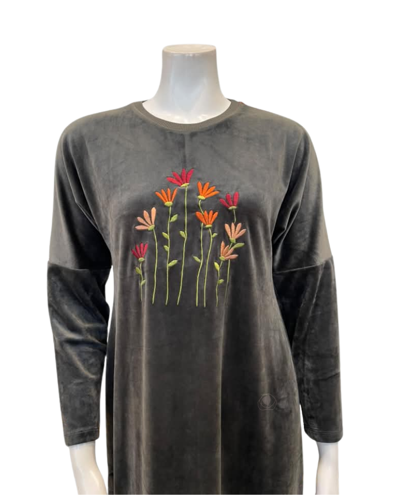 Pen-ky Olive Embroidered Flowers Velour Pull On Nightgown