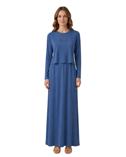 Ellwi Blue Horsebit Stones Emblem Cotton Nursing Nightgown