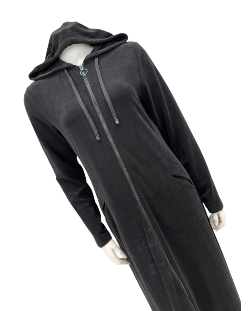 Seashells Solid Black Zippered Terry Robe with Hood and Pockets Myselflingerie.com