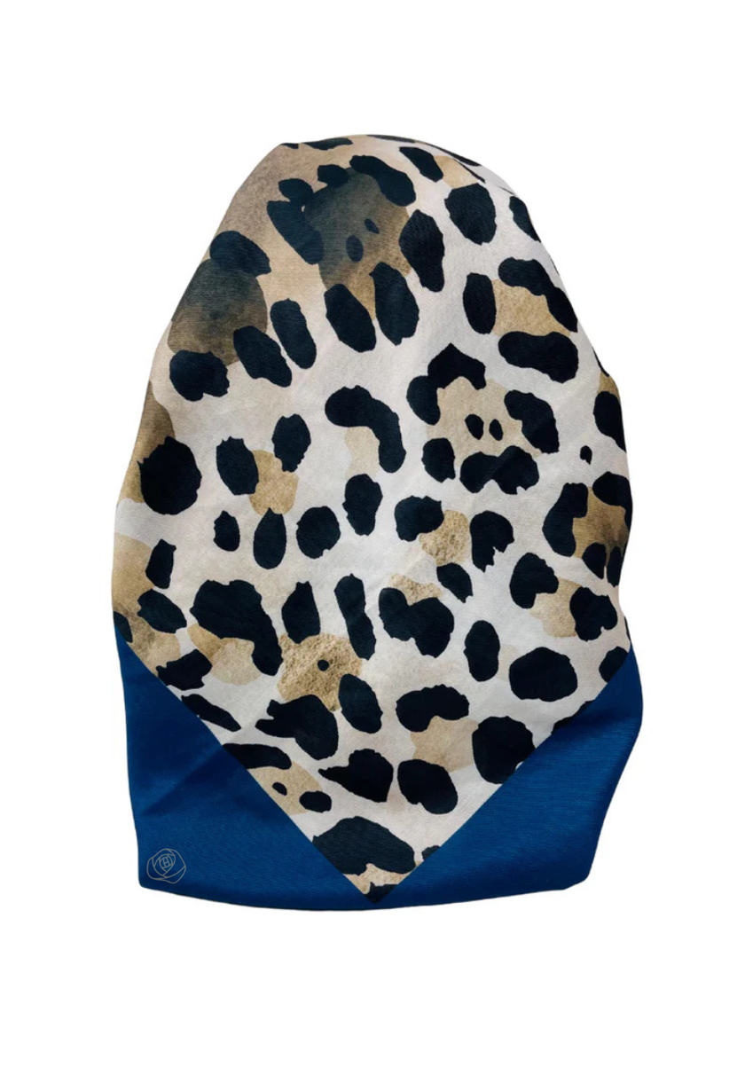 It's Younique OB-LEO-BL Brown Leopard Print Blue Border Pre-Tied Open Back Bandanna with Velvet Grip Myselflingerie.com