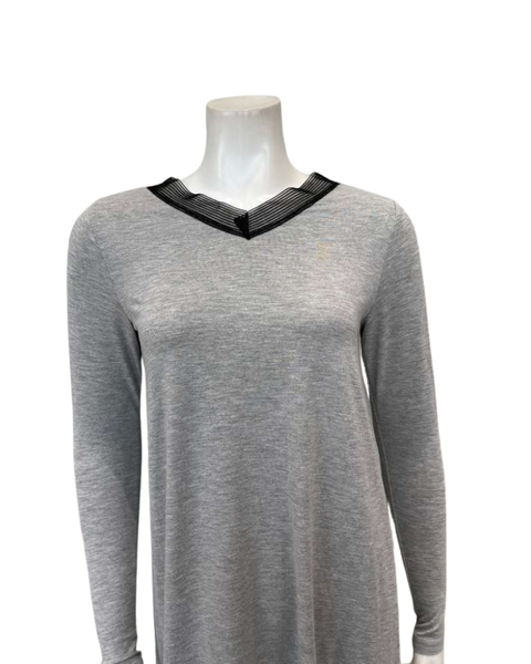 Jackie O'Loungewear Grey V Neck Lace Long Sleeves Modal Nightshirt Myselflingerie.com