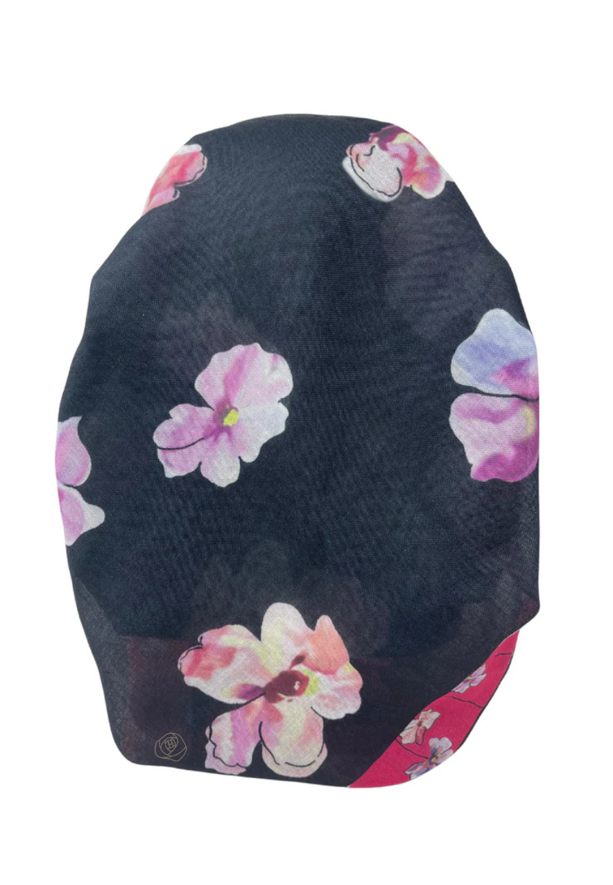 It's Younique OB-FLOW-PI Pink Flower Print on Black Pre-Tied Open Back Bandanna with Velvet Grip Myselflingerie.com